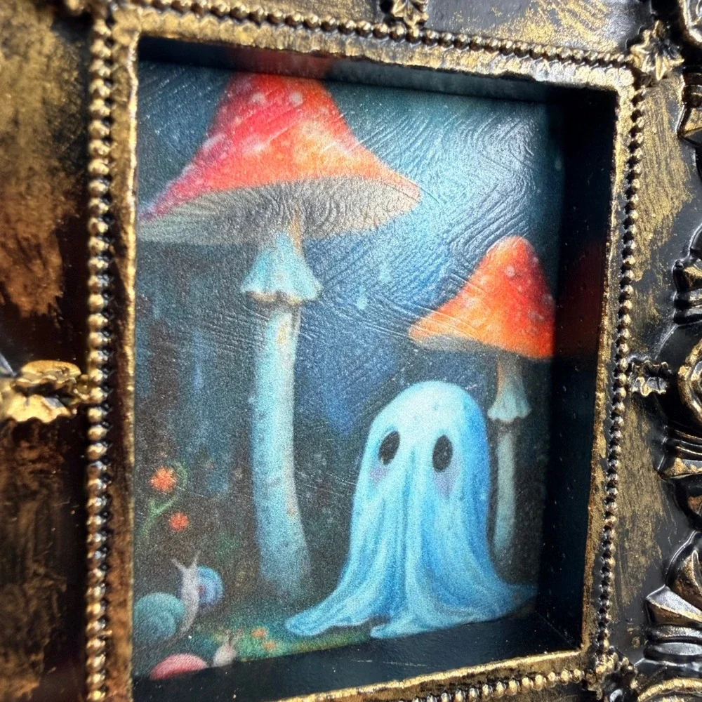 Miniature Ghost Mushroom Art Ornate Gold Black Resin Frame Decoupage Print